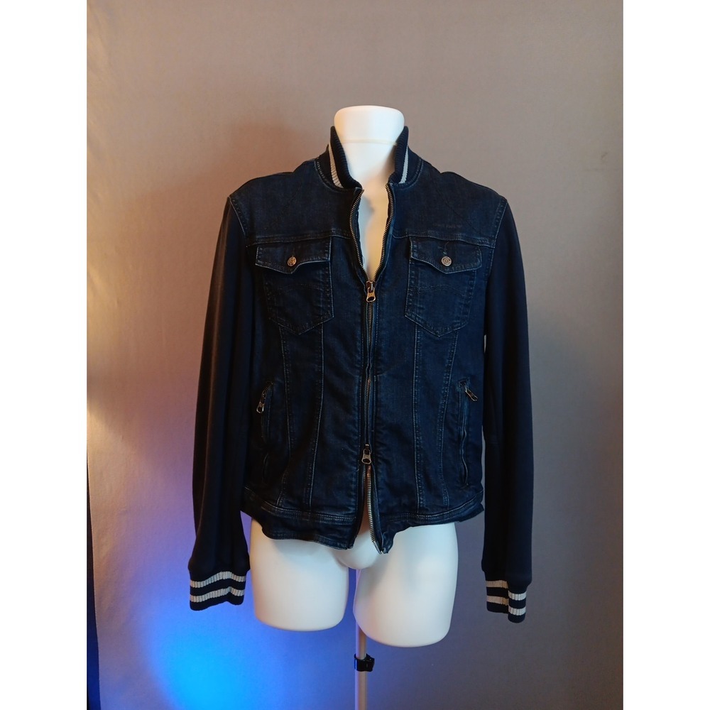 Mens AJ Armani Jeans Varsity Style Moto Zip-Up Denim Jacket Medium $325 Retail